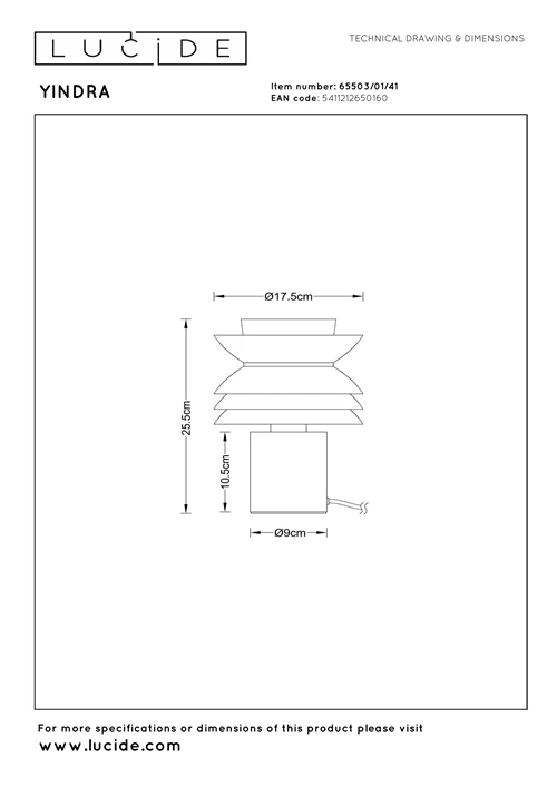 Lucide YINDRA - Tischlampe - Ø 17,5 cm - 1xE27 - Taupe | Vibes - technisch